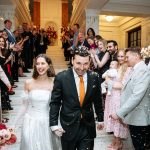 Bride and groom at Camden Town Hall Registry Office indoor confetti