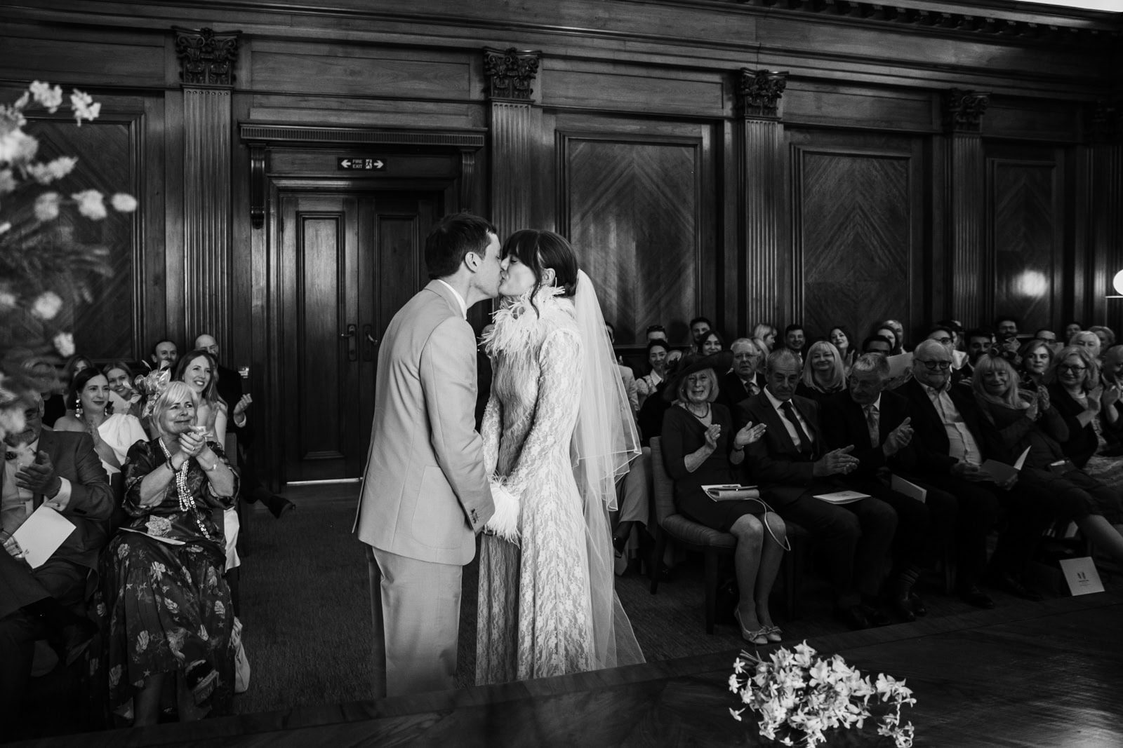 "Intimate wedding ceremony at Marylebone Town Hall registry office with natural window light"