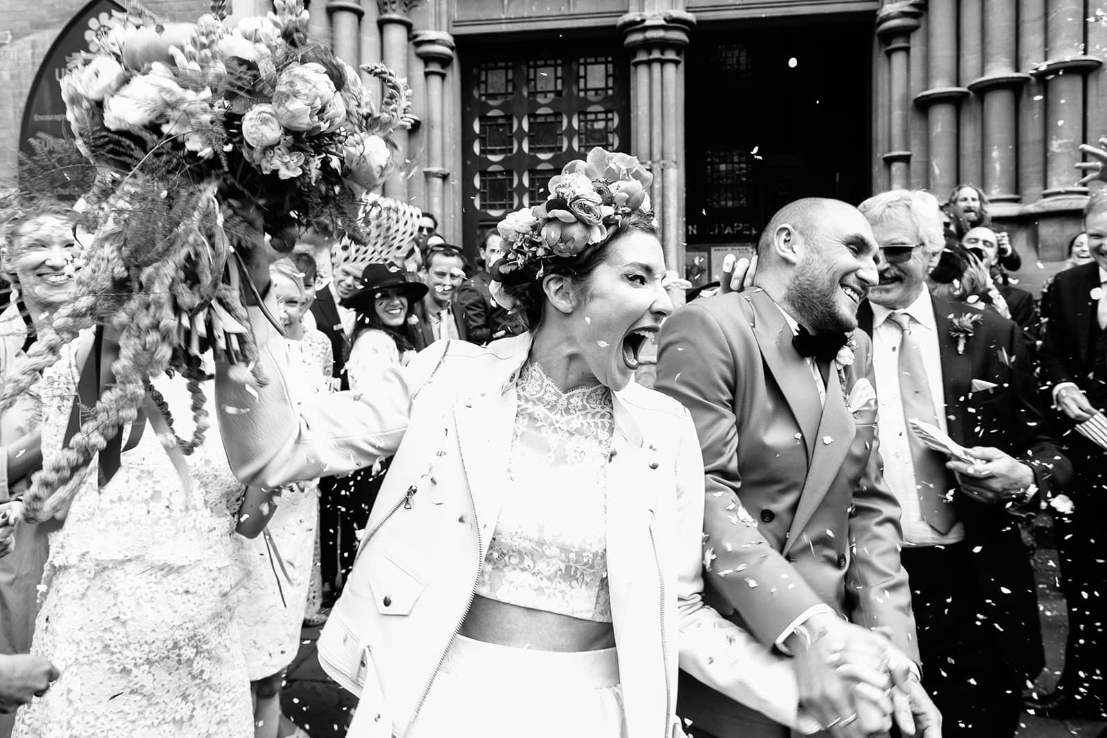 Wedding guests walk together outside