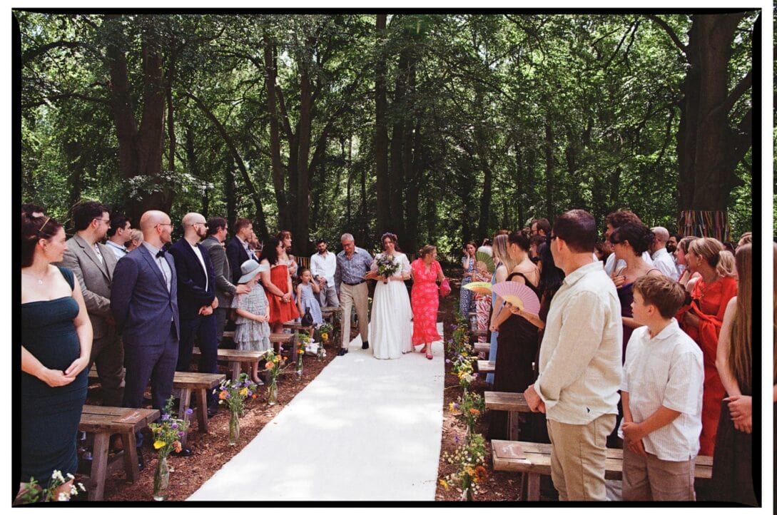 Guests lining the woodland ceremony aisle at Wellington Wood